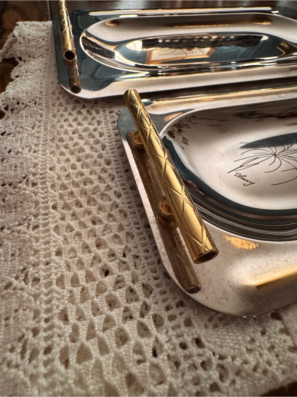 Vintage Pinter Italian Silver & Brass Vanity Serving Trays Set of 2 - Picture 4 of 12